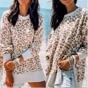 Aerie cream pink leopard oversized split sides sweatshirt